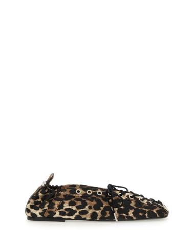[해외직구] 25FW 가니 레오파드 프린트 데님 아일렛 레이스업 발레리나 플랫 슈즈 S2961 943 Brown