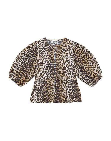 [해외직구] 26SS 가니 레오파드 코튼 포플린 페플럼 타이 블라우스 F9116943 ANIMAL PRINT
