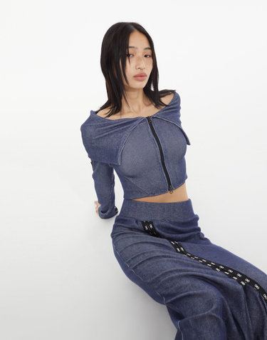 쿄 오픈숄더 후크 투웨이 집업 딥 블루