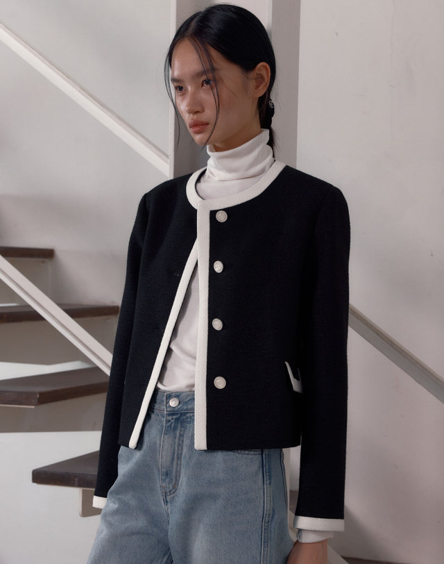 38컴온커먼 Trimming Tweed Jacket (Shine Black) 착용컷