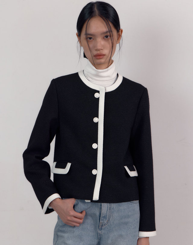 38컴온커먼 Trimming Tweed Jacket (Shine Black) 착용컷