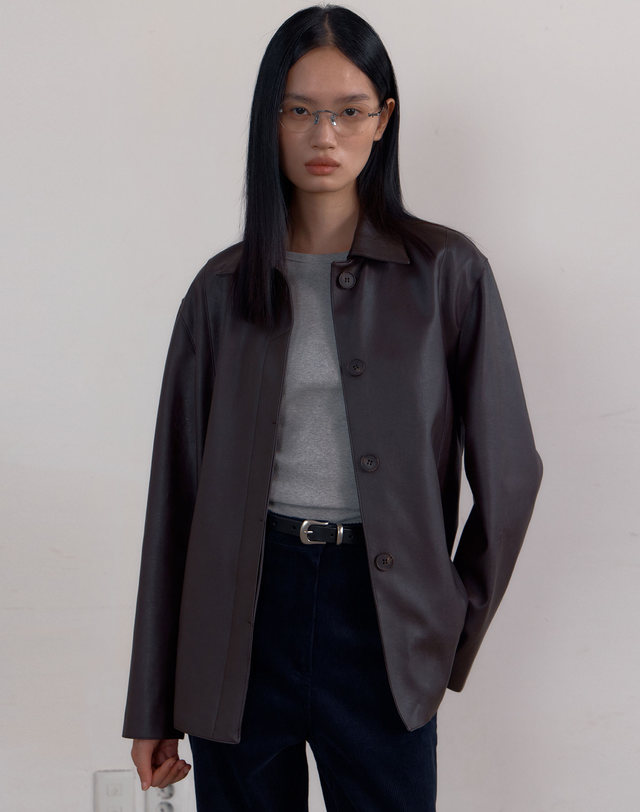 38컴온커먼 Minimal Stitch Faux Leather Jacket (Deep Brown) 착용컷
