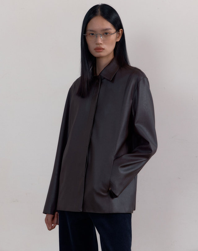 38컴온커먼 Minimal Stitch Faux Leather Jacket (Deep Brown) 착용컷