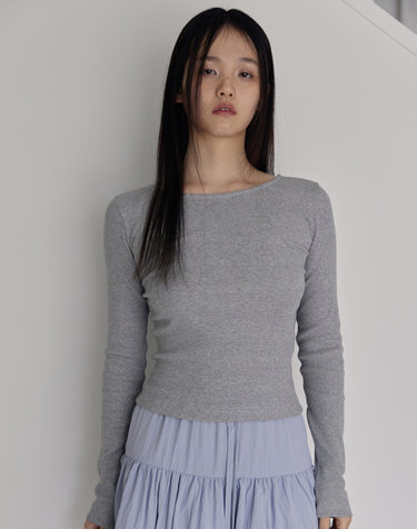 [3차] Ribbed Boat-neck Slim T-Shirts (Melange Grey)