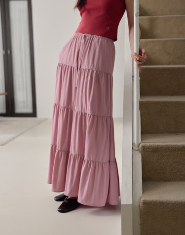 Shirring Tiered Banding Skirts (Dusty Pink)