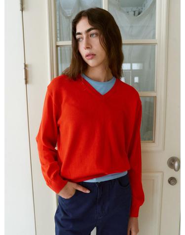 Regular Cotton V-Neck Knit (Red)