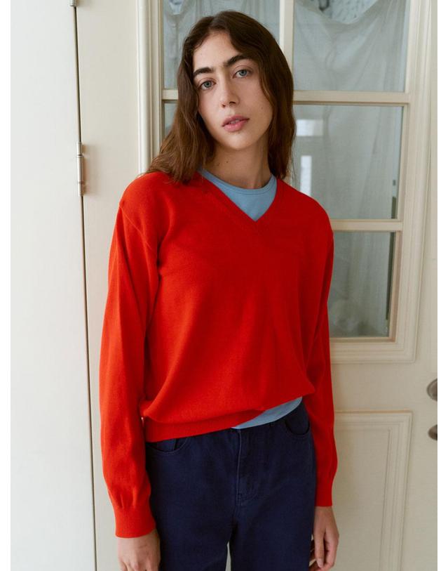 38컴온커먼 Regular Cotton V-Neck Knit (Red) 레드 착용컷