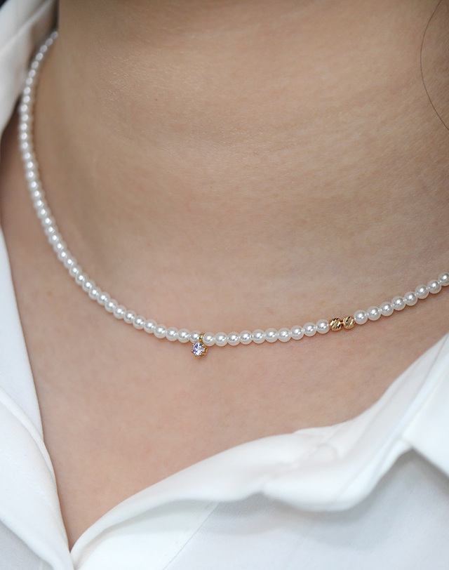 하리쥬얼리 14K 컷팅볼 탄생석 진주 비드 목걸이 3mm 착용컷
