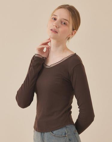 웨이브 오간자 배색 U라인 티셔츠_M6F1TS6600