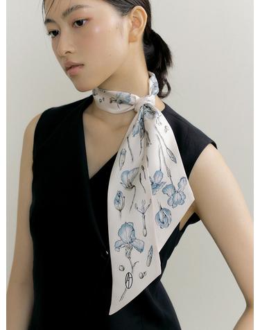 Iris Long Twilly Silk Scarf - Blue