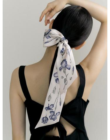 Iris Long Twilly Silk Scarf - Dark Blue