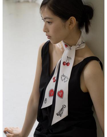 Cherry Charm Long Twilly Silk Scarf - Cream