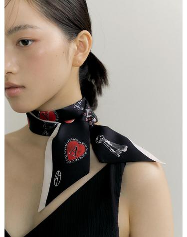 Cherry Charm Long Twilly Silk Scarf - Black
