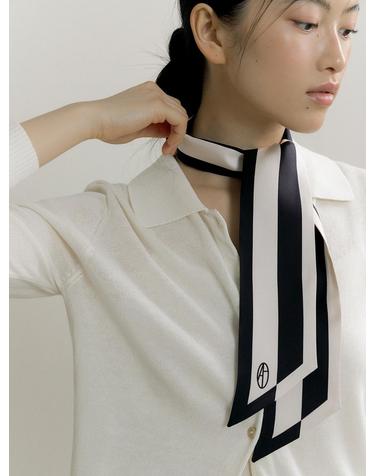 Frame Long Twilly Silk Scarf - Black/Cream