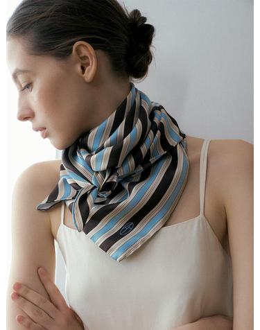 Stripe Square Silk Scarf 90 - Blue/Brown