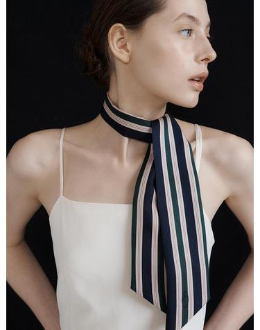 Stripe Long Twilly Silk Scarf - Navy/Green