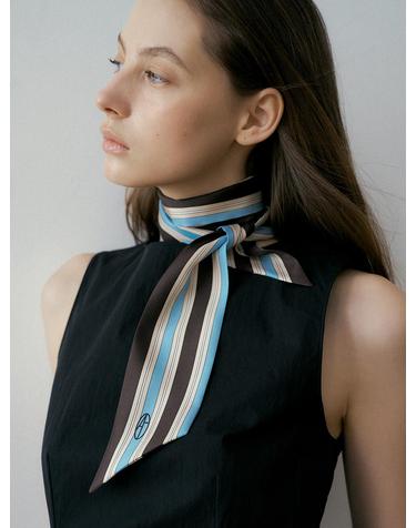Stripe Long Twilly Silk Scarf - Blue/Brown