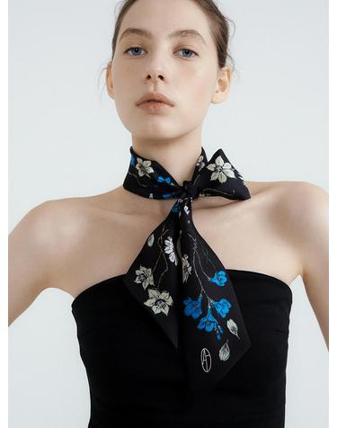 Atelier Bloom Long Twilly Silk Scarf - Black/Blue