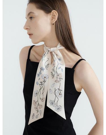 Atelier Bloom Long Twilly Silk Scarf - Warm Ivory/Green Tea