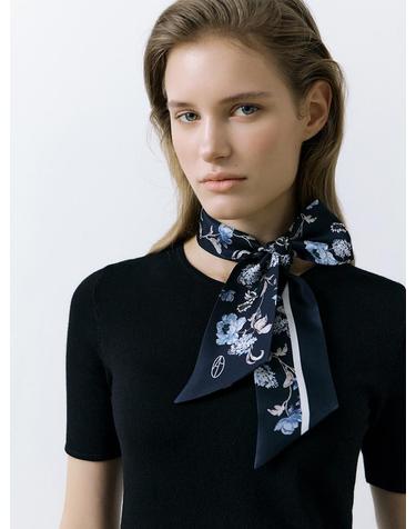 Wild Rose Long Twilly Silk Scarf - Dark Navy