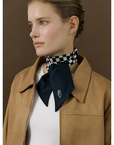 Checkerboard Long Twilly Silk Scarf - Navy