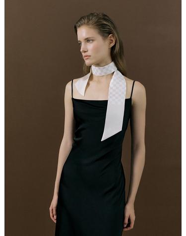 Checkerboard Long Twilly Silk Scarf - Pearl White