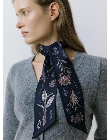 Flora Long Twilly Silk Scarf - Midnight Blue
