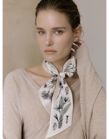 Flora Long Twilly Silk Scarf - Warm Ivory