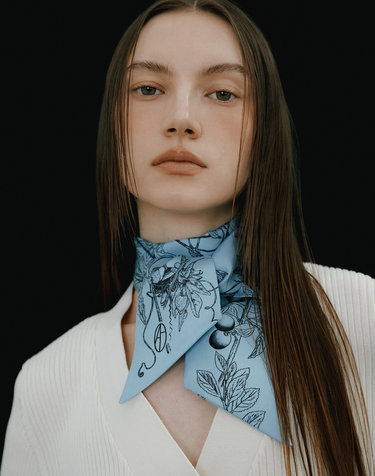 Botanic Garden Long Twilly Silk Scarf - Blue