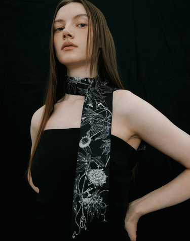 Botanic Garden Long Twilly Silk Scarf - Black