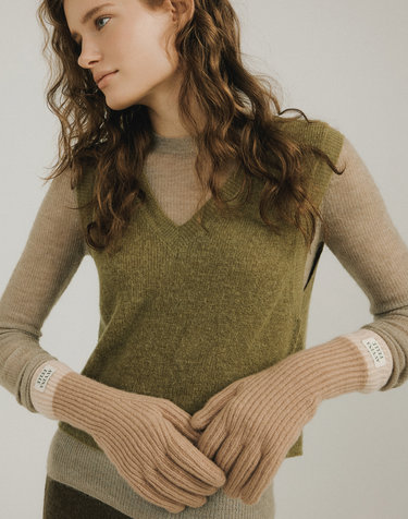 Cashmere Blend Ribbed Knit Gloves - Chestnut/Beige