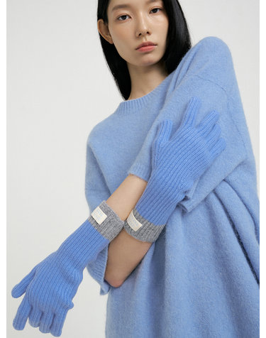 Cashmere Blend Ribbed Knit Gloves - Azure Blue/Grey