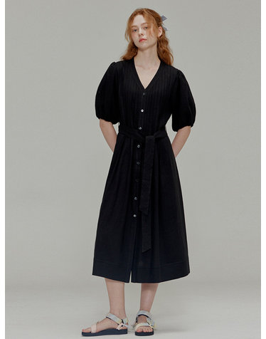 Linen Pleated Dress_Black
