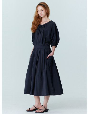 Balloon shirring pleated dress_Black
