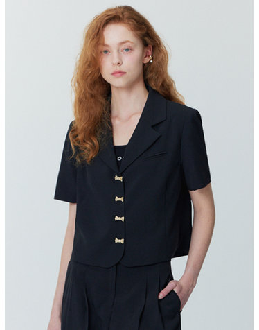 Ribbon button short-sleeved crop jacket_black