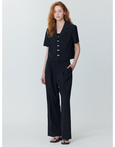 SET_Ribbon button crop jacket_two tuck pants_black