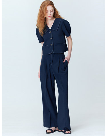 Puff sleeve cropped jacket_two-tuck wide pants set_Navy