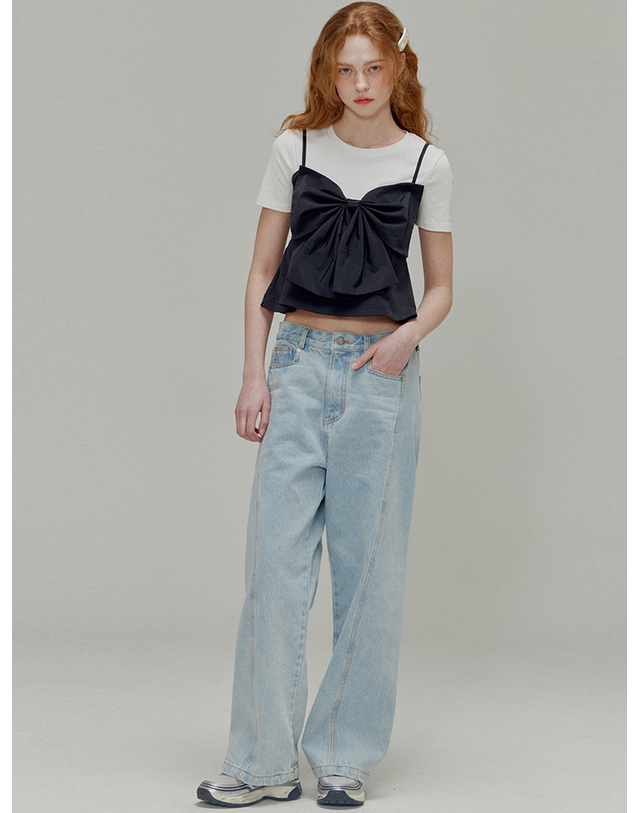 오프닝선샤인 Low rise wide denim pants_Light indigo 착용컷