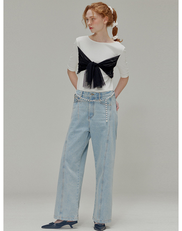 오프닝선샤인 Low rise wide denim pants_Light indigo 착용컷