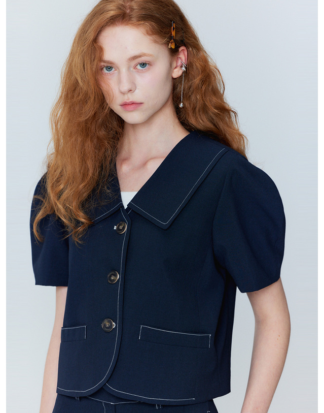오프닝선샤인 Puff sleeve cropped jacket_two-tuck wide pants set_Navy 착용컷