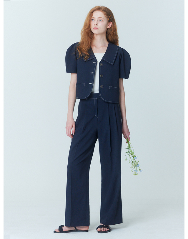 오프닝선샤인 Puff sleeve cropped jacket_two-tuck wide pants set_Navy 착용컷