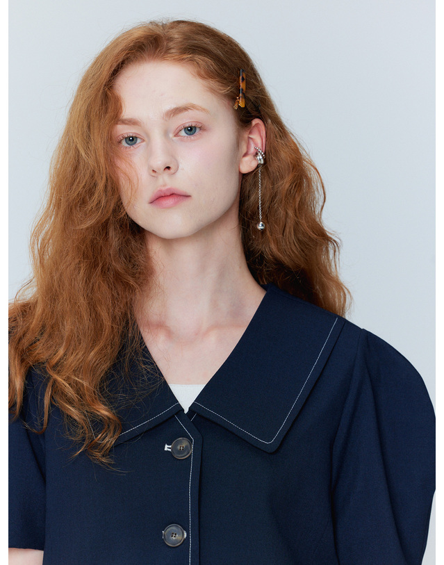 오프닝선샤인 Puff sleeve cropped jacket_two-tuck wide pants set_Navy 착용컷