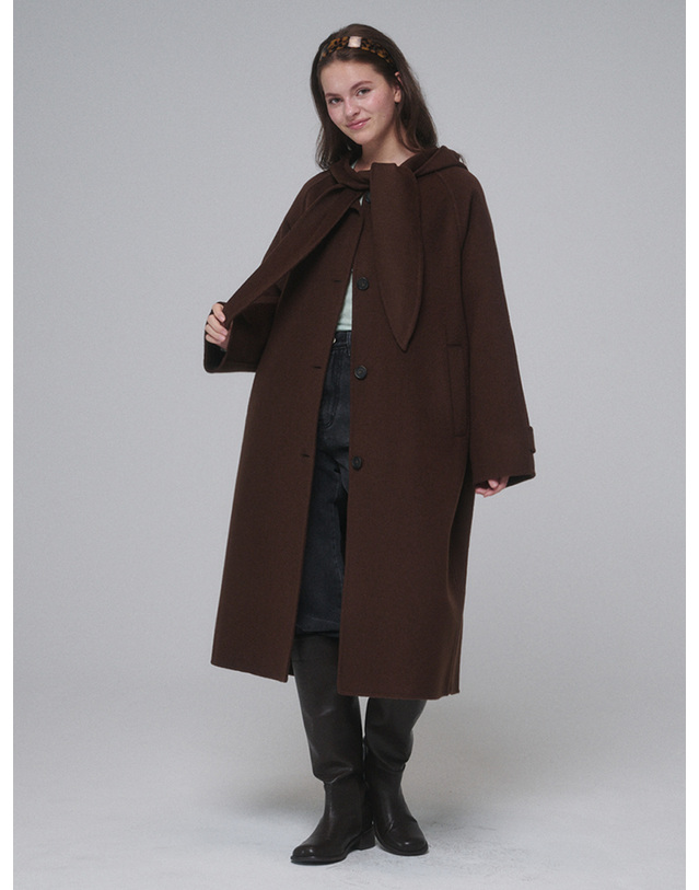 오프닝선샤인 Hooded muffler handmade long coat_Chocolate Brown 브라운 착용컷