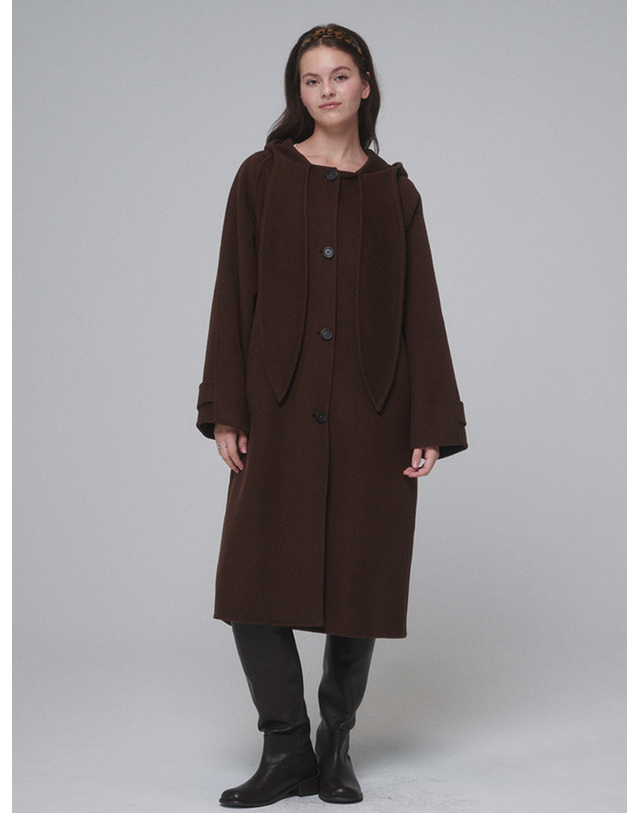 오프닝선샤인 Hooded muffler handmade long coat_Chocolate Brown 브라운 착용컷