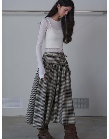Yoke Frill Check Maxi Skirt_Black