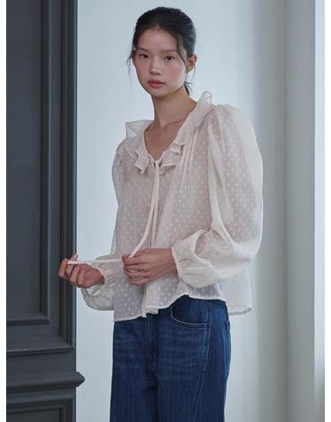 Ruffled See-through Dot Blouse_Ivory