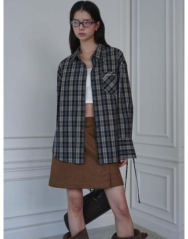 Ribbon Detailed Over-fit Cotton Shirt_Check Black