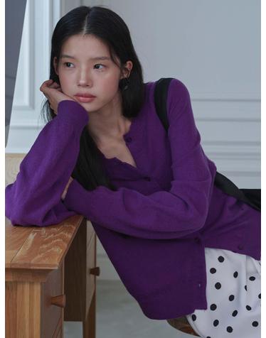 Round Neck Merino Wool Cardigan_Purple
