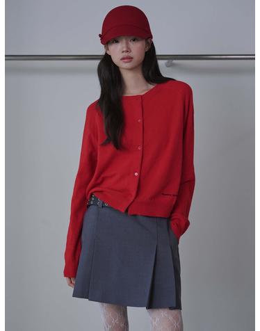 Round Neck Merino Wool Cardigan_Red