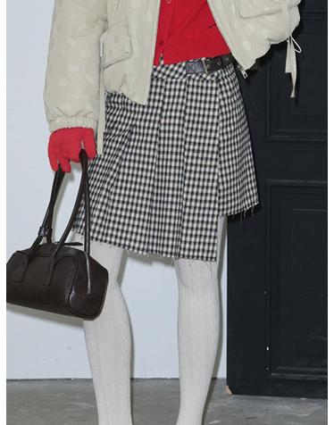 Buckle Pleated Check Wrap Mini Skirt_Beige